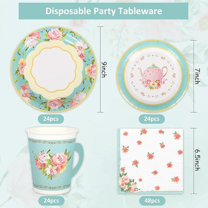 Whaline Tea Party Tableware Supplies Serves 24 Floral Tea Party Disposable - Image 2
