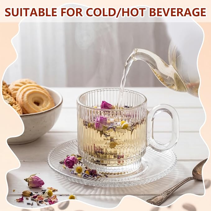 6 Sets of Glass Tea Cups with Saucers Vintage Coffee Mugs 5.6 oz Clear Espresso - Image 5