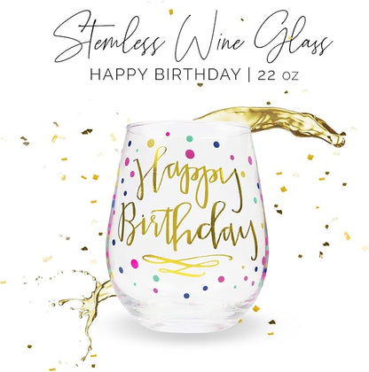 Your Dream Party Shop Happy Birthday Wine Glass, 22oz Stemless with Gold Print - Gift for Adults and Women, Happy Birthday Cups For Women