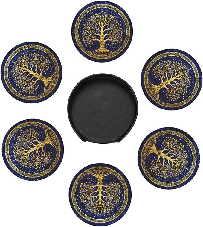Drink Coasters with Holder Stand Set of 6, Tree of Life Gold Pu Leather - Image 5