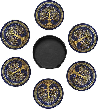 Drink Coasters with Holder Stand Set of 6, Tree of Life Gold Pu Leather - Image 5