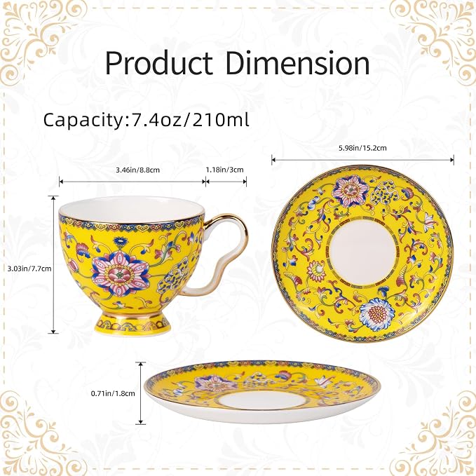 KAMMAK Tea Cup and Saucer, Ceramic Coffee Cups, 7.4 oz, Afternoon Tea and - Image 2