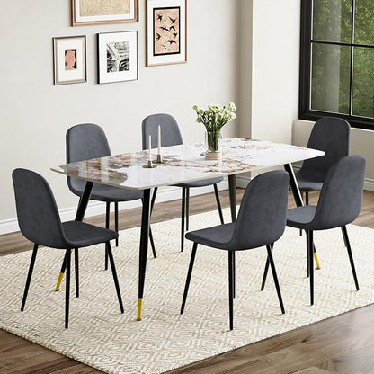 7 Piece Dining Table Set, Dinner Table Set for 6, Sintered Stone Kitchen Table Top and Modern Chairs Set of 6 for Kitchen Dining Room