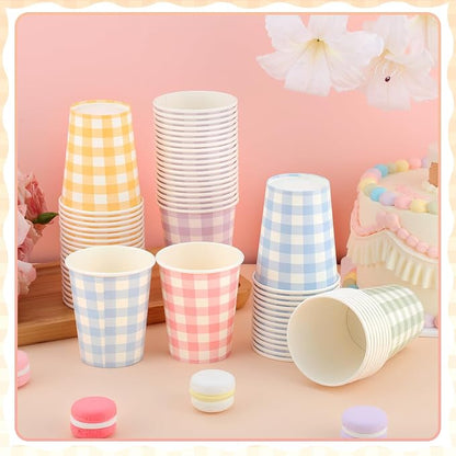 NatNarr 100 Pack Gingham Paper Cups, 9oz Pastel Cups Picnic Paper Cups | Pastel - Image 4