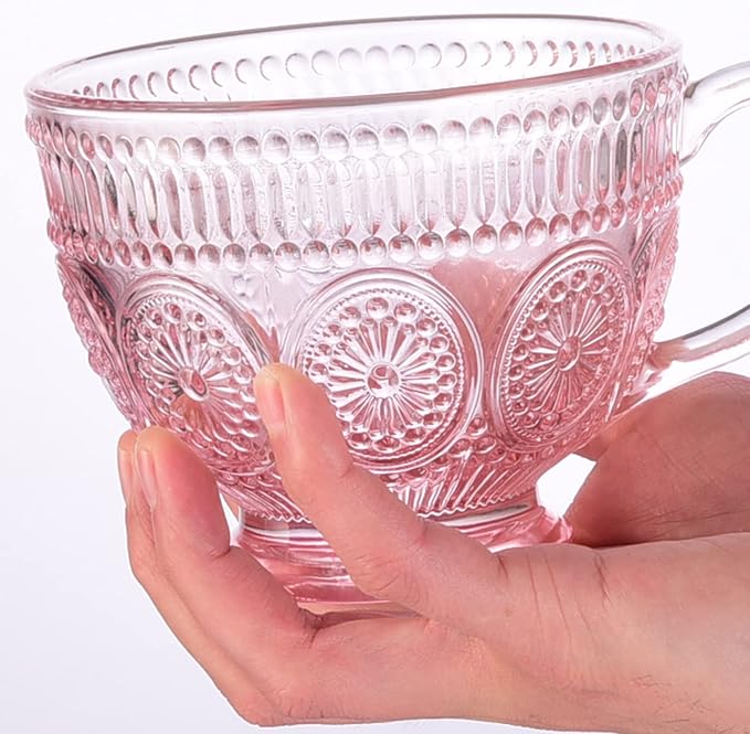 Vintage Glass Coffee Mugs with Handle-14 oz Pink Embossed Glass Cups - Image 4