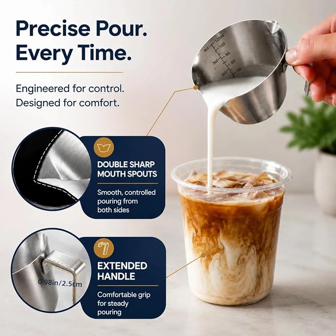 2Pc Espresso Measuring Cups, Double Spouts Stainless Steel, Sliver | Espresso - Image 2