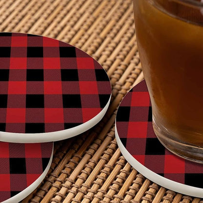 Lumberjack Plaid Pattern Coasters for Drinks 2 Pack Classic Black and Red Buffalo Plaid Tabletop Protection Kitchen and Coffee Table Décor & Accessories,Set of 2