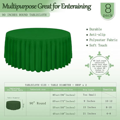 8 Pack Round Tablecloth 90 Inch Green Table Cloth for Round Tables, Washable Polyester Tablecloth Stain and Wrinkle Resistant Decorative Table Cover for Wedding Party Dining Banquet