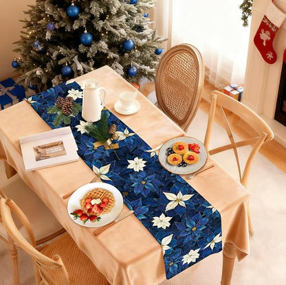 Winter Navy Blue Poinsettia Table Runner Christmas Floral Burlap Table Runners - Image 3