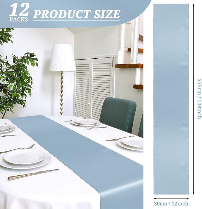 12 Pack Dusty Blue Satin Table Runner 12 x 108 Inch Long Premium Table Runners - Image 2
