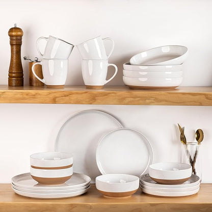 AmorArc 8.75'' Large Ceramic Pasta Bowls, 38oz Handpainted Stoneware Bowls Set of 4, Microwave&Dishwasher Safe Bowls with Rustic Terracotta Underside for Pasta Salad, White