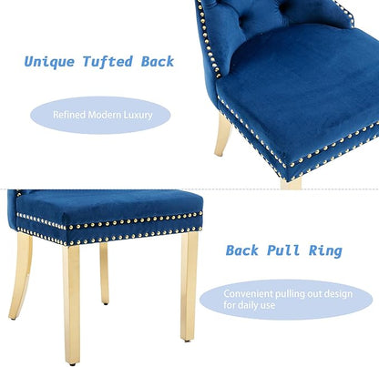 KCC Velvet Dining Chairs Set of 4, Upholstered High-end Tufted Dining Chair with Nailhead Back Ring Pull Trim Stainless Steel Legs, Contemporary Nikki Collection Modern Style for Kitchen, Blue