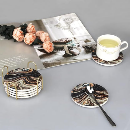 6 Pcs Black and Gold Marble Coasters with Holder Best Round Absorbent Coasters for Drinks, Coffee, Beer, Table Marble Personalized Coaster Sets