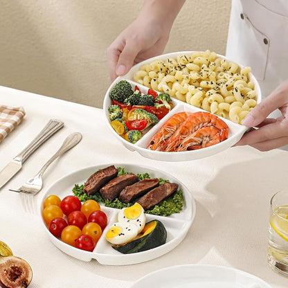 8" Ceramic Divided Plates Set - 4Pcs, Portion Control Plate, Bariatric Plate for Kids Adults, 3 Compartment Plates, Dinner Plates for Balanced Meal, Oven, Dishwasher Safe, White