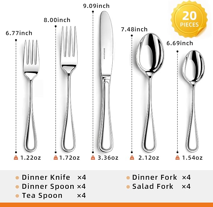 NICE KITCHEN Silverware Set for 4, 20 Piece Heavy Duty Cutlery Set | Mirror - Image 6