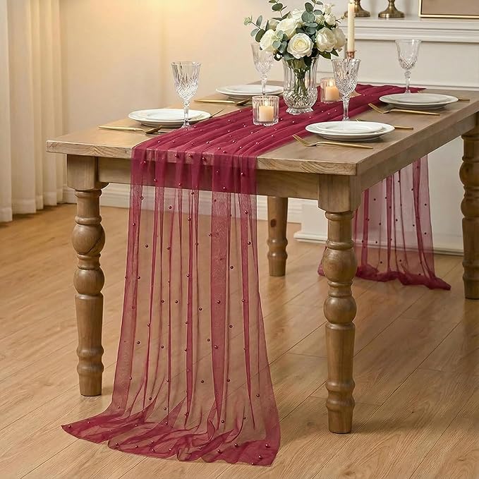 Artoid Mode Pearl Burgundy Gauze Table Runner 120 Inch 10FT, Seasonal Sheer Dining Holiday Wedding Birthday Baby Shower Table Decor for Home Party
