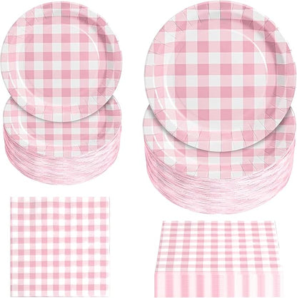 180Pcs Pink Gingham Party Supplies Paper Plates and Napkins Serve 60 | by Hpscdyo