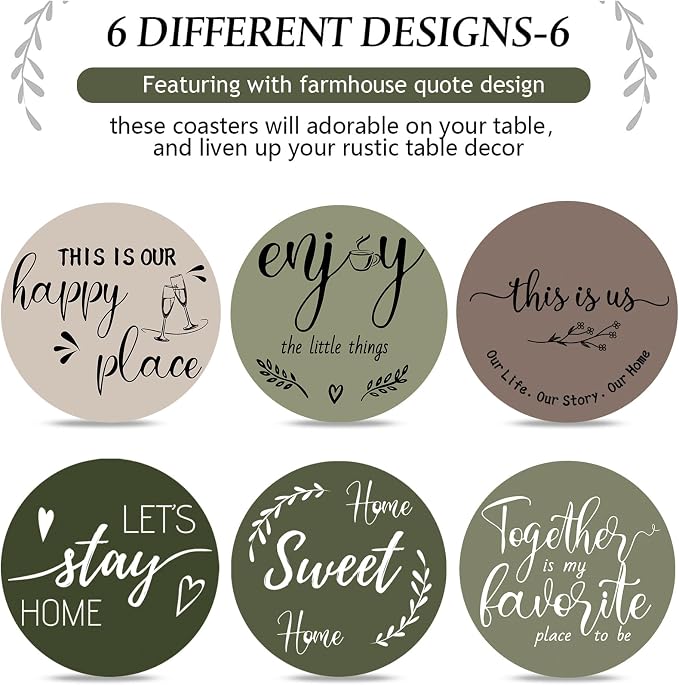 Queekay Coasters Set of 6 House Warming Gifts New Home Wooden Farmhouse Drink - Image 4