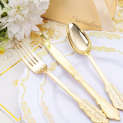 DaYammi 150Pcs White Gold Plastic Plates & Plastic Silverware, Gold Disposable Plates for Party Include 30 Dinner Plate, 30 Dessert Plate, 30 Knives, 30 Forks, 30 Spoons for Party Wedding