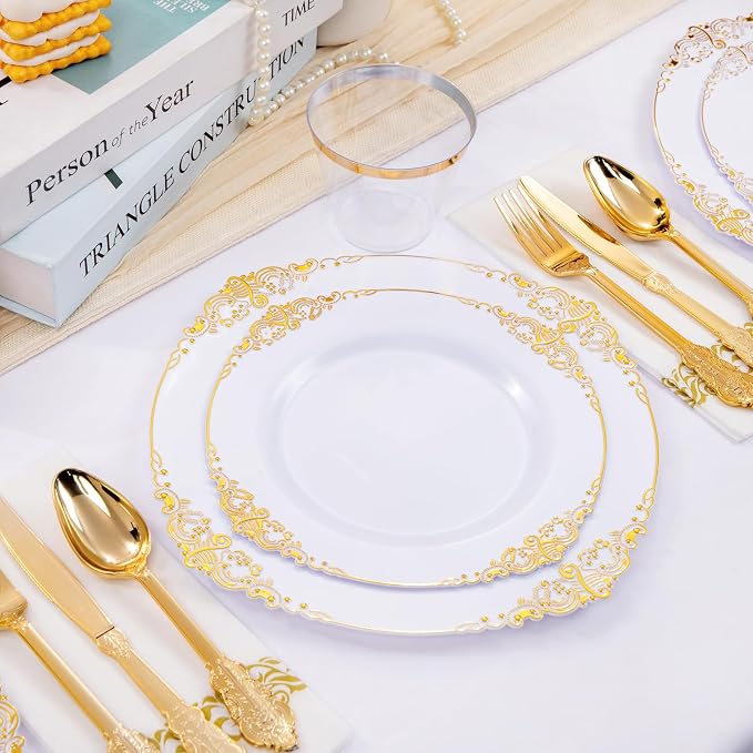 350 Pcs White Gold Plates for Wedding | White Party Plates Set for 50 Guests - Image 3