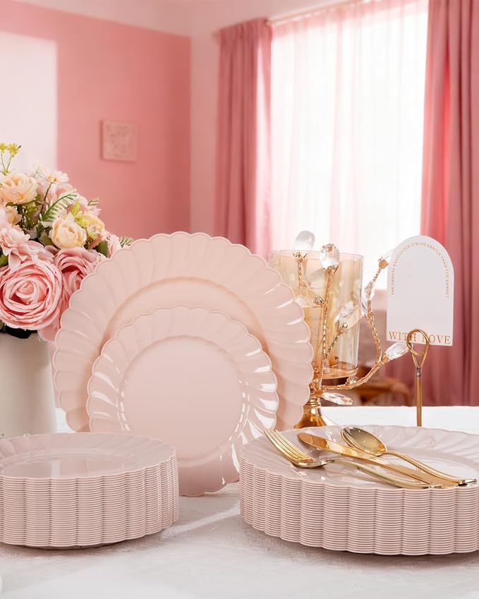 YOUBET 100PCS Pink Scalloped Plastic Plates - Image 5
