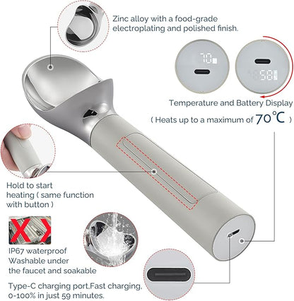 Heated Ice Cream Scoop Rechargeable, Electric Warming Ice Cream Scooper with LED Display, Heats to 158°F for Hard Ice Cream, Easy for Seniors & Kids, IP67 Waterproof (Grey, 2 oz)