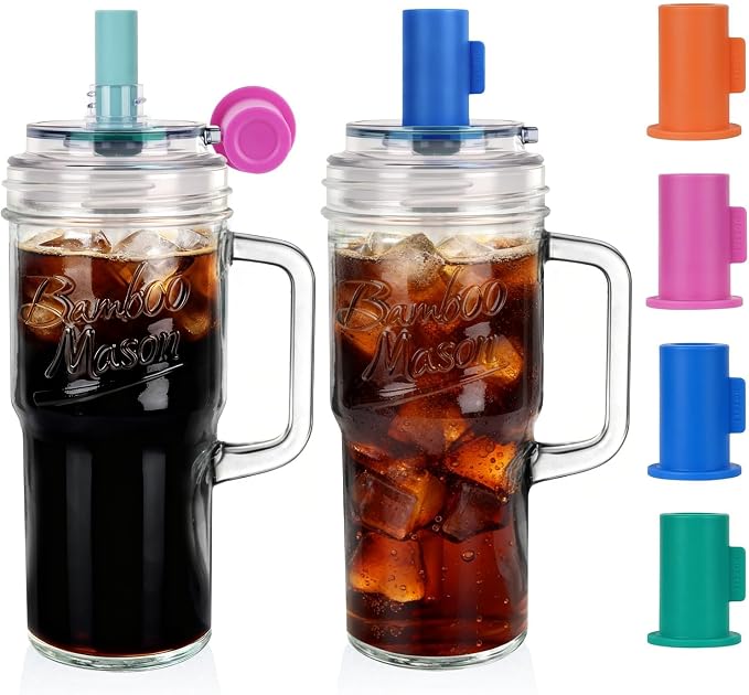 ANOTION Glass Tumbler With Handle Bamboo Mason Leakproof Mason Jar Cups with by ANOTION