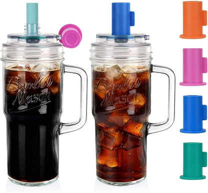 ANOTION Glass Tumbler With Handle Bamboo Mason Leakproof Mason Jar Cups with by ANOTION