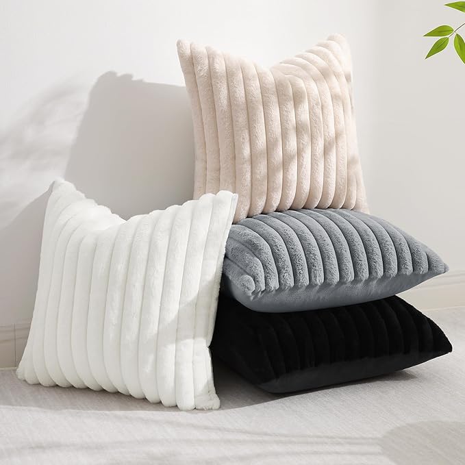 decorUhome Cozy Faux Fur Spring Throw Pillow Covers 16x16 Set of 2 Decorative Soft Plush Striped Modern Farmhouse Boho Couch Pillow Cases with Velvet Back for Sofa Bed Living Room, Black