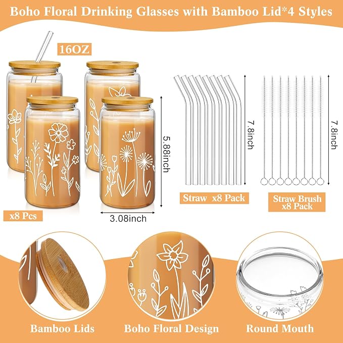 Mumufy 8 Pack Glass Cups Gift Aesthetic Cute Glass Cup Tumbler Flower Iced - Image 2