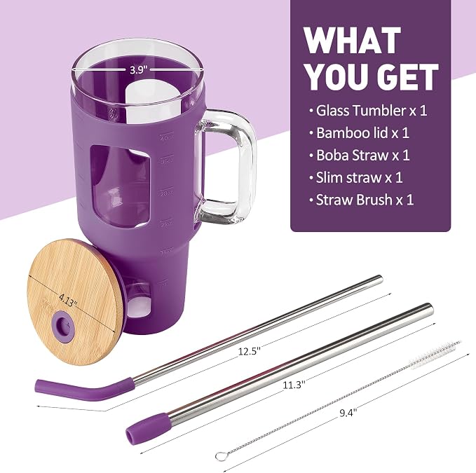 WINSA Glass Tumbler with Straw and Lid, Dark Purple, 40 oz | Iced Coffee Cup - Image 3