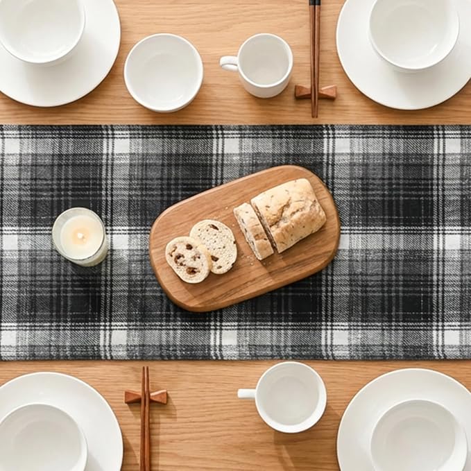 Artoid Mode Black Grey Farmhouse Plaid Table Runner, Halloween Rustic Holiday - Image 4