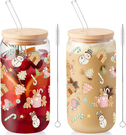 Sliner 2 Pcs Gingerbread Glass Cups Summer Christmas Tumbler by Sliner