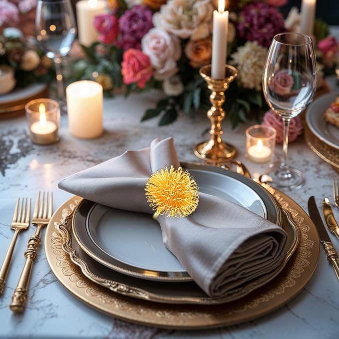 Decozen Set of 8 Gold Napkin Rings in Floral Design, Festive, Table Decor Setting for Holiday, Wedding, Birthday, Kitchen, Home Decor, Housewarming Gift - Thanksgiving & Christmas Gift Decoration