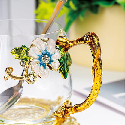 Flower Tea Cup, Butterfly Daisy Clear Glass Fancy Coffee Mug - Image 4