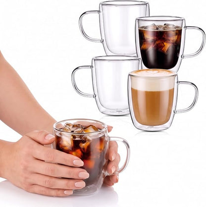 Patelai Glass Coffee Mugs Set of 4, 16 oz Clear Double Walled Coffee Cups by Patelai