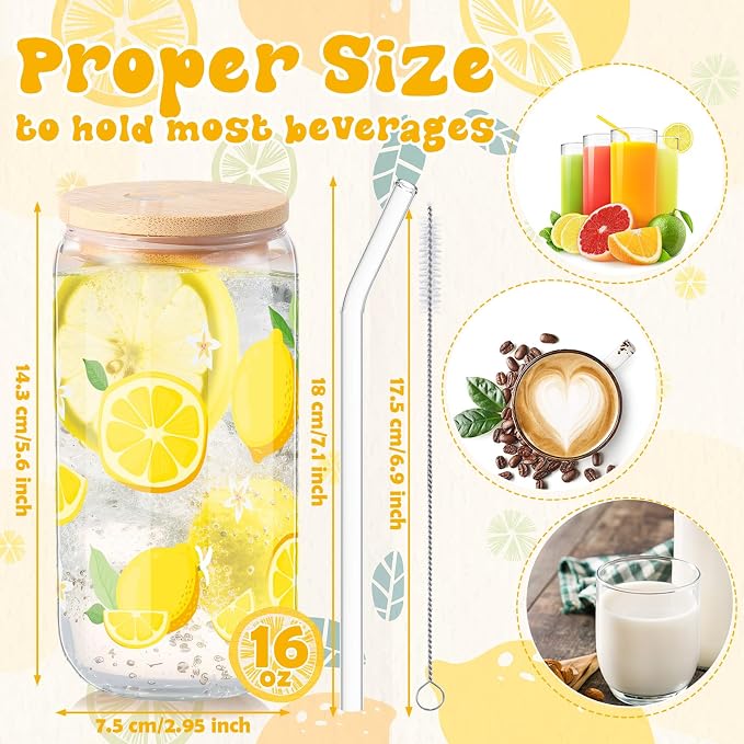 Sliner 2 Pcs Lemon Glass Cups Summer Drinking Tumbler 16 oz Iced Coffee Cup - Image 4