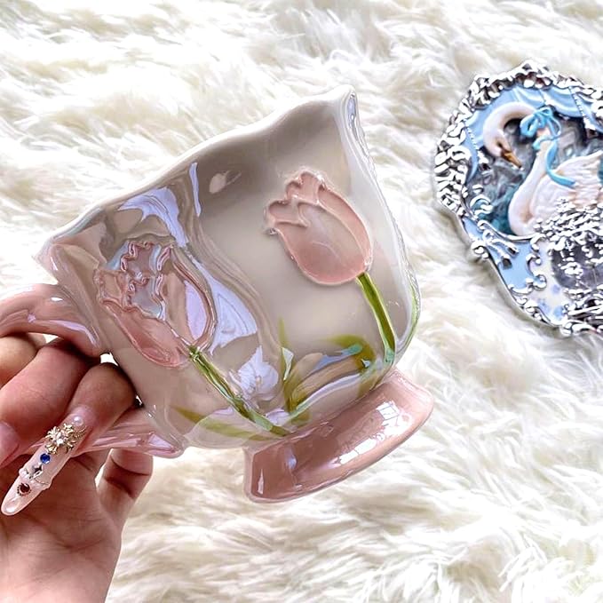 Ceramic Coffee MugEspresso Cup 14oz Pink Cute Flower withSpoon | novelty coffee - Image 6