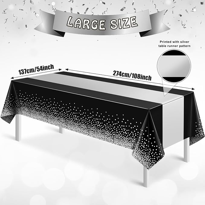 3Pcs Black and Silver Tablecloth Party Decorations, Plastic Black Table Cloth - Image 2
