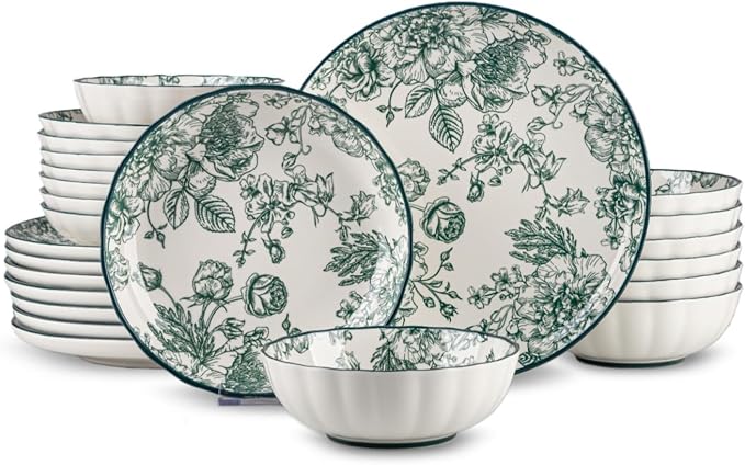 24-Piece Dinnerware Set Service 8, Porcelain Plates and Bowls Set, Vintage by FANGJING
