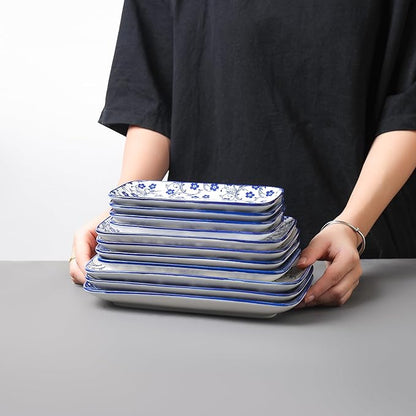 Selamica Rectangular Salad Plates, 7.1 Inch Dessert Plates Ceramic, Small Plates for Appetizer, Snack, Sushi, Fruit, Set of 6, Vintage Blue