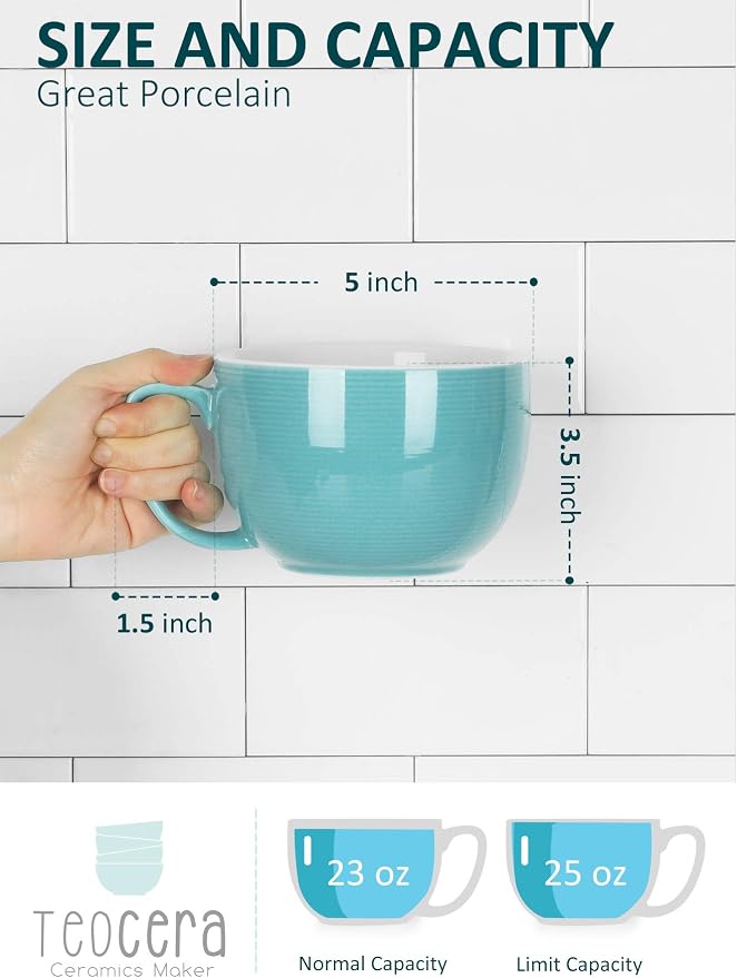 Teocera 24 oz Soup Bowls with Handles, Porcelain Large Coffee Mug Set, Jumbo - Image 2