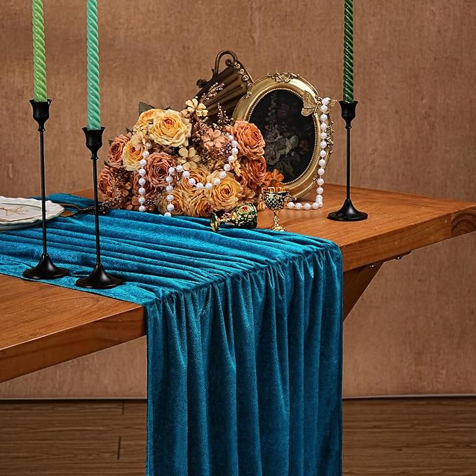 Peacock Blue Velvet Table Runner 29x120 Inch Luxury Retro Thick Runners | 10ft - Image 6