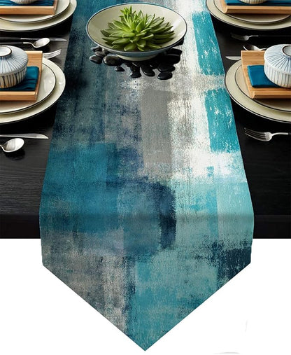 Turquoise and Grey Table Runners 90 Inches Long, Teal Abstract Modern Art by AILUER