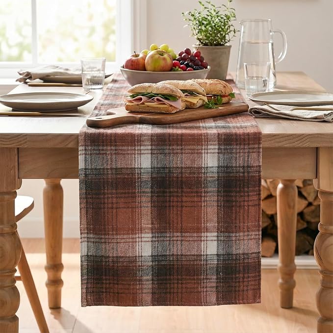 Artoid Mode Caramel Brown Farmhouse Plaid Fall Table Runner 13x36 Inch | - Image 2