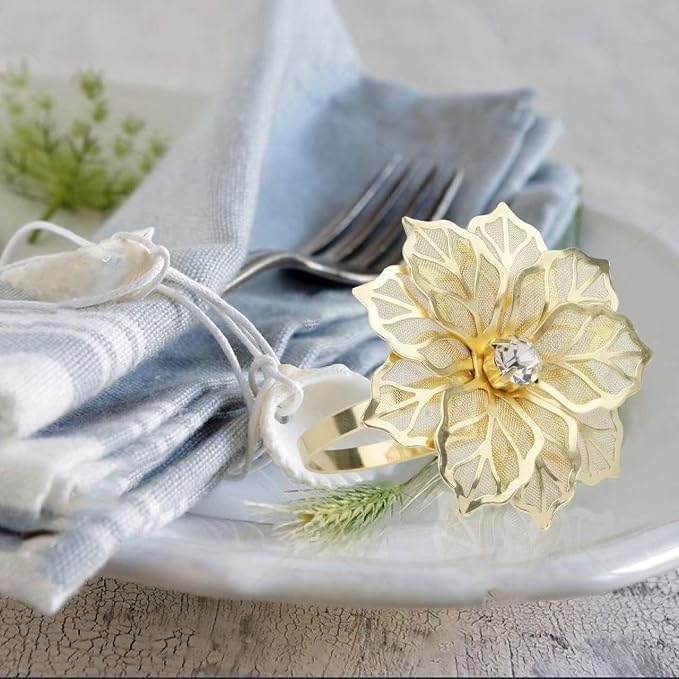 14K Gold Napkin Rings Set of 12, Metal Gold Flower Napkins Rings Holder Buckles - Image 2