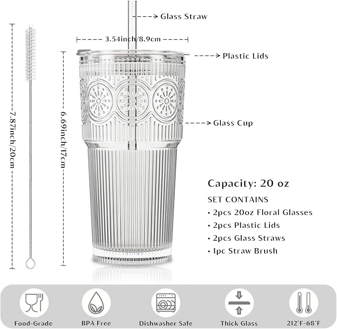 INSETLAN 20oz Ribbed & Floral Glass Tumblers - Image 3