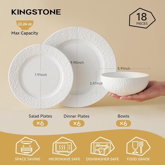 Dinnerware Sets for 6, 18-Piece plates and bowls sets, Matte Marble | Premium - Image 2