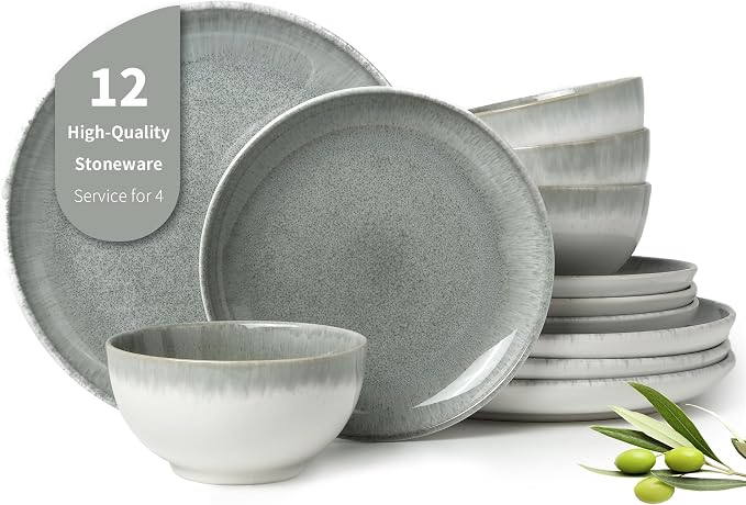 Gradient Green Stoneware Dinnerware Sets, Handmade Ceramic Round Dishes Set by Pokini