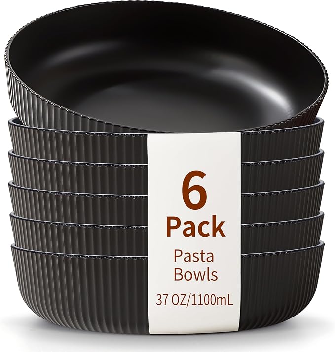 HOMQUEN Pasta Bowls Set of 6, 37oz Salad Bowls Black Soup Bowls, Large Pasta by HOMQUEN